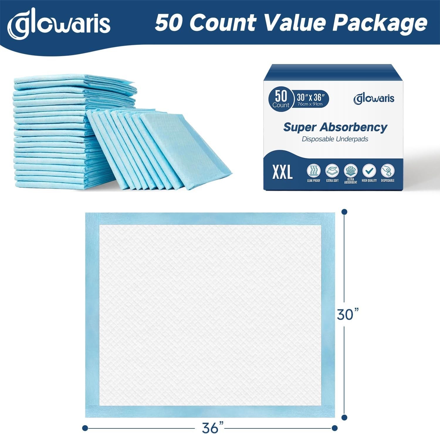 50 Pack XXL Disposable Underpads 30×36 Leakproof Absorbent Bed Puppy Pads