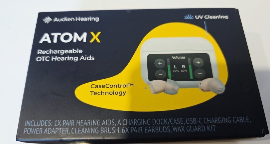 Audien Hearing ATOM X Rechargeable Hearing Aids UV Cleaning CaseControl Tech