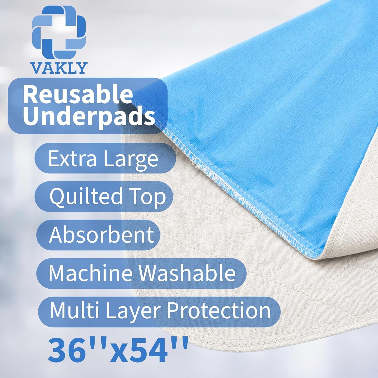 Vakly XL Washable Underpads 36 x 54 in (3 Pack) – Reusable Waterproof Incontinen