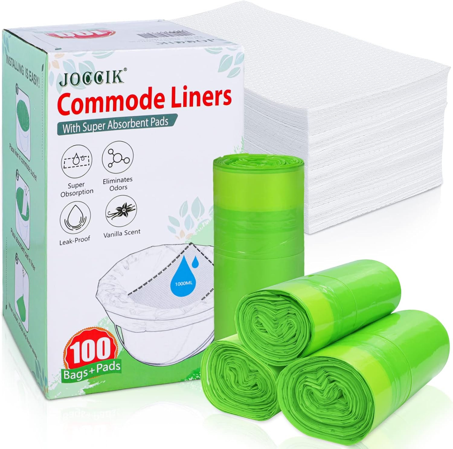 Bedside Commode Liners with Super Aborbent Pad, 100 Bags+100 Pads for Bedside To