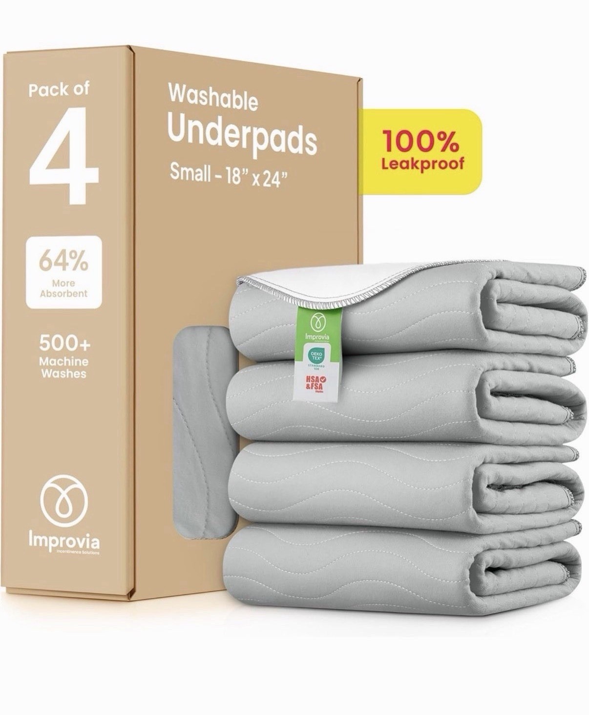 IMPROVIA® Washable Underpads, Heavy Absorbency Reusable Incontinence Pads 18×24