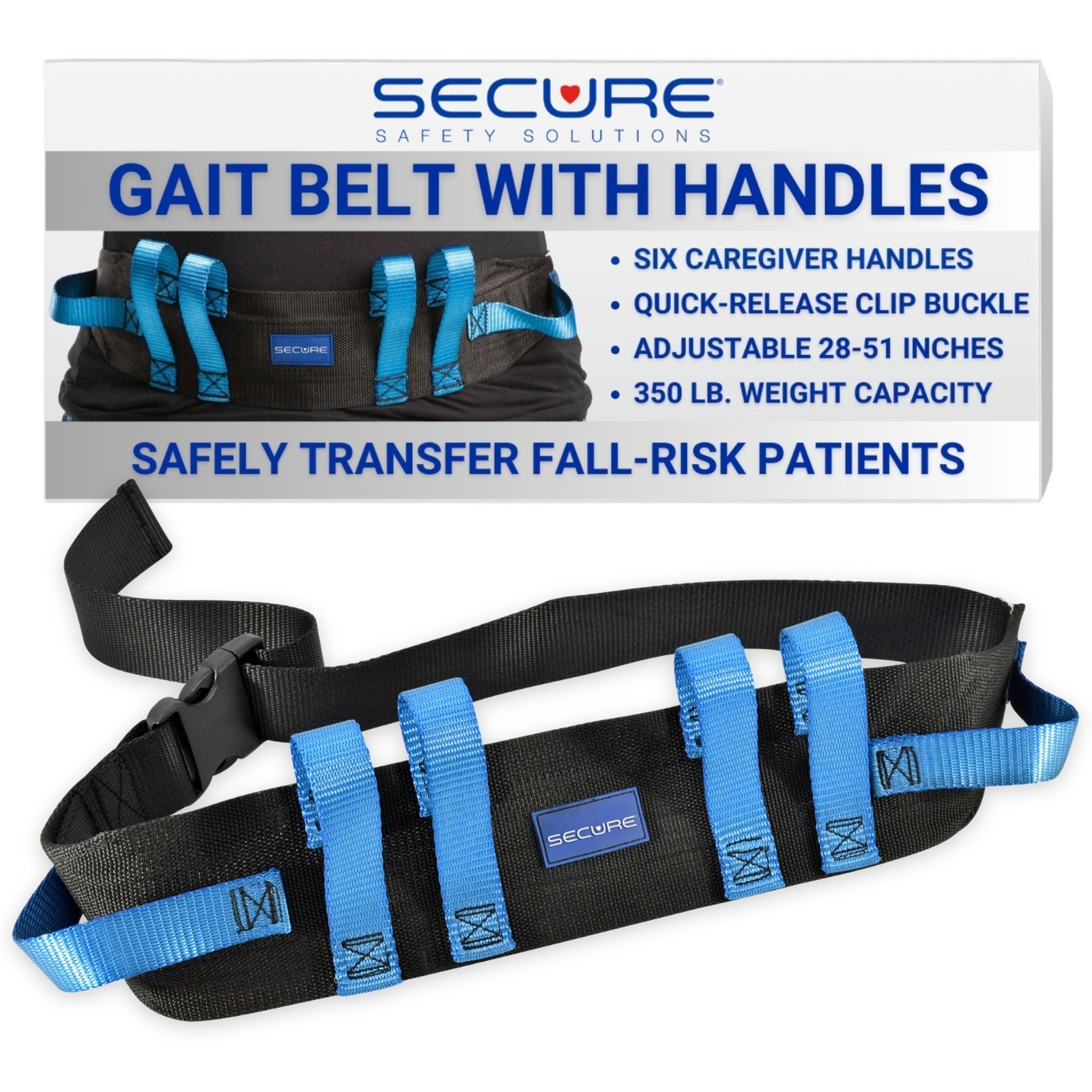 Secure Gait Belt for Seniors (350 lbs) – Transfer Belt with 6 Handles