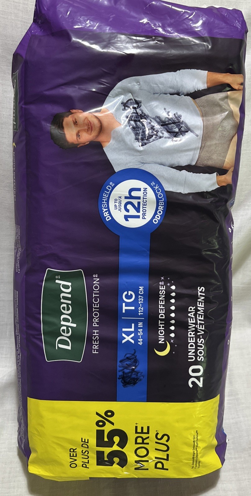 depends for men XL (44-54”) Night Defense 20 Underwear 12 H Protection