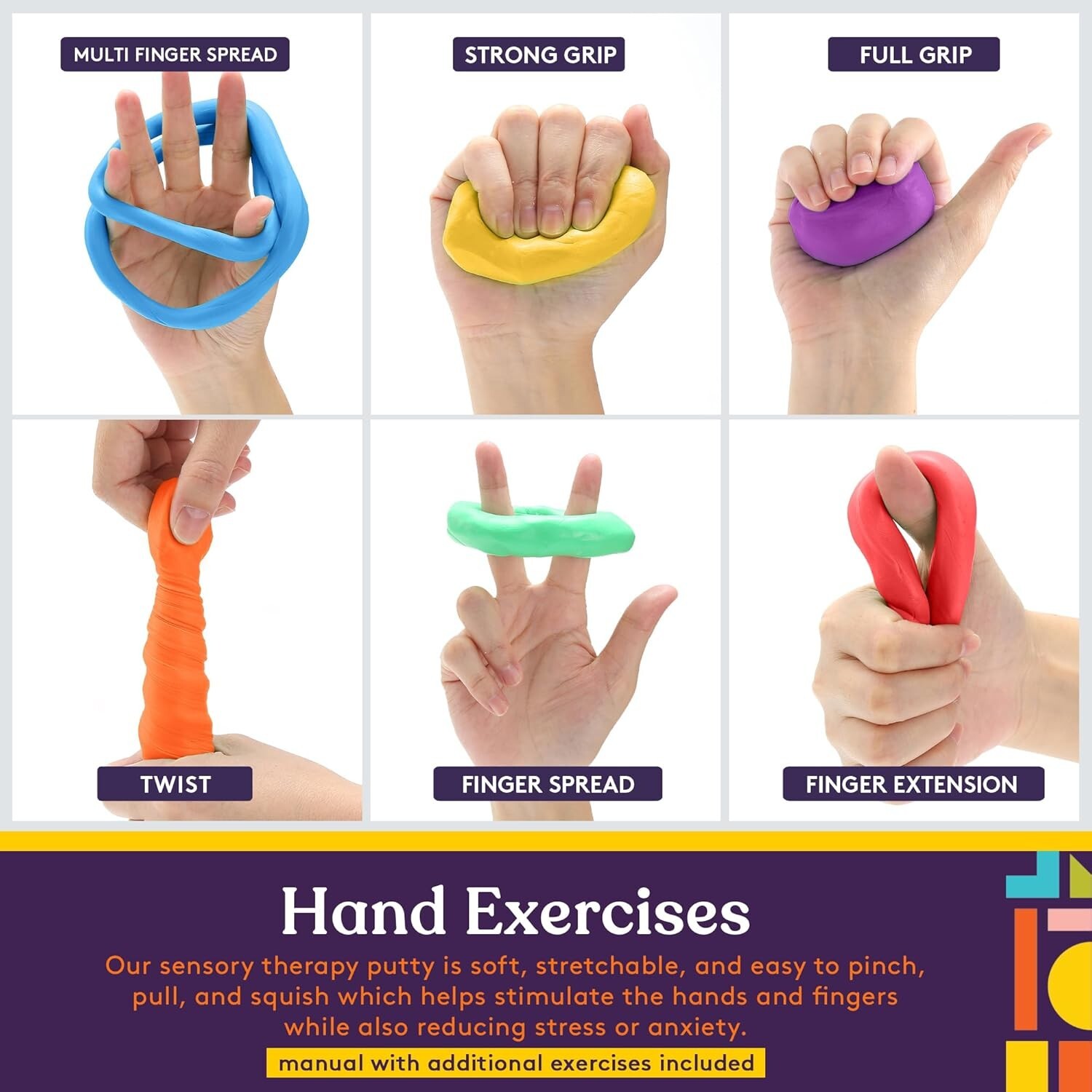 Therapy Putty Silicone Set of 4 Colors Stress Relief Hand Exercise Tool Kit