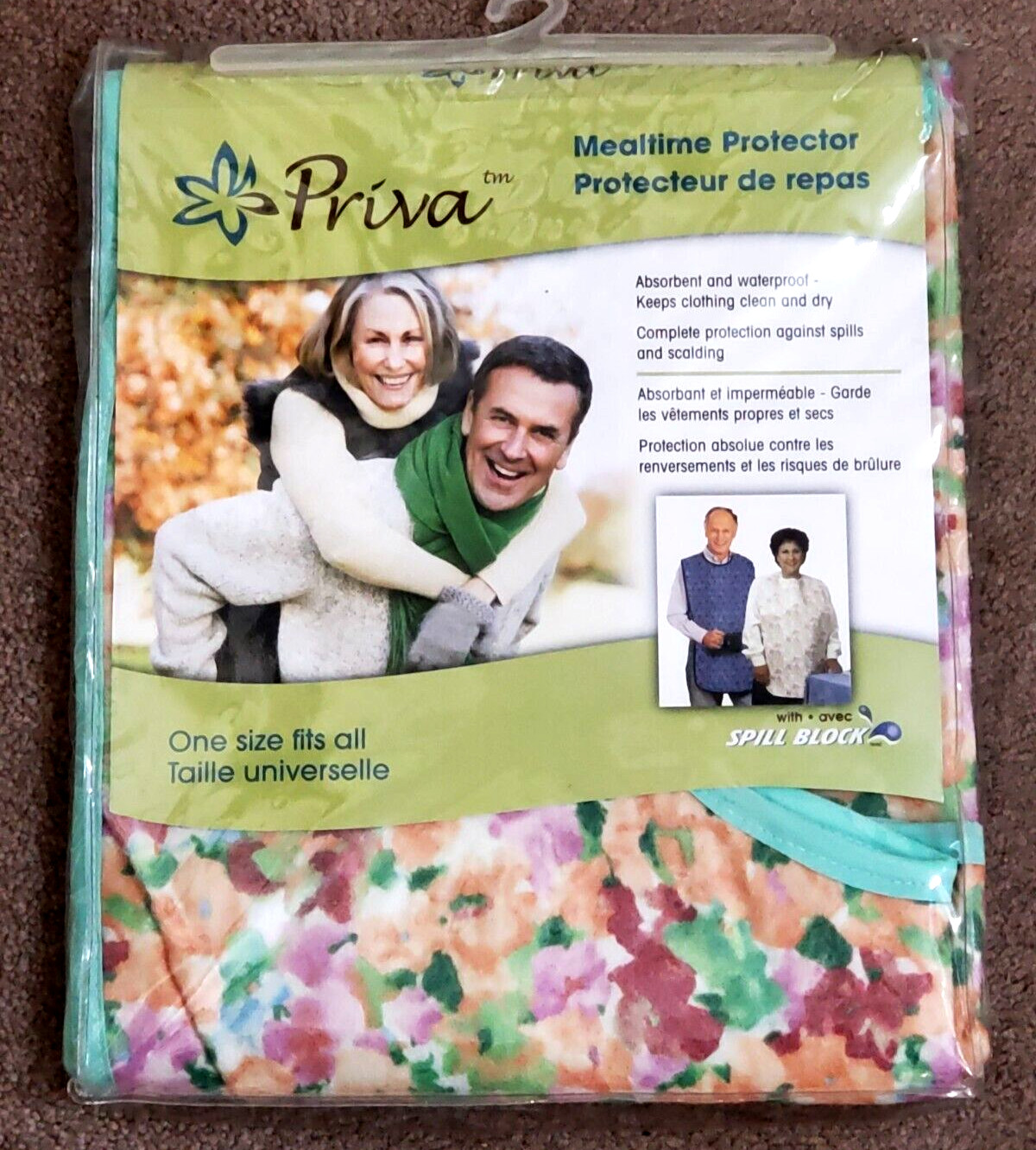Priva Mealtime Protector Bib Adult One Size Fits All Aqua Floral Pastels NEW