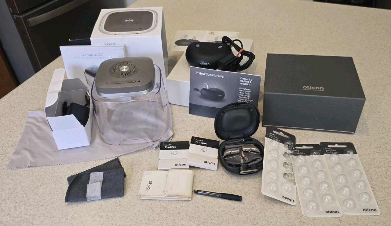 Oticon Real 2 MiniRite Hearing Aids with Charger + Flow Med Dry – Cap Uv 2.1