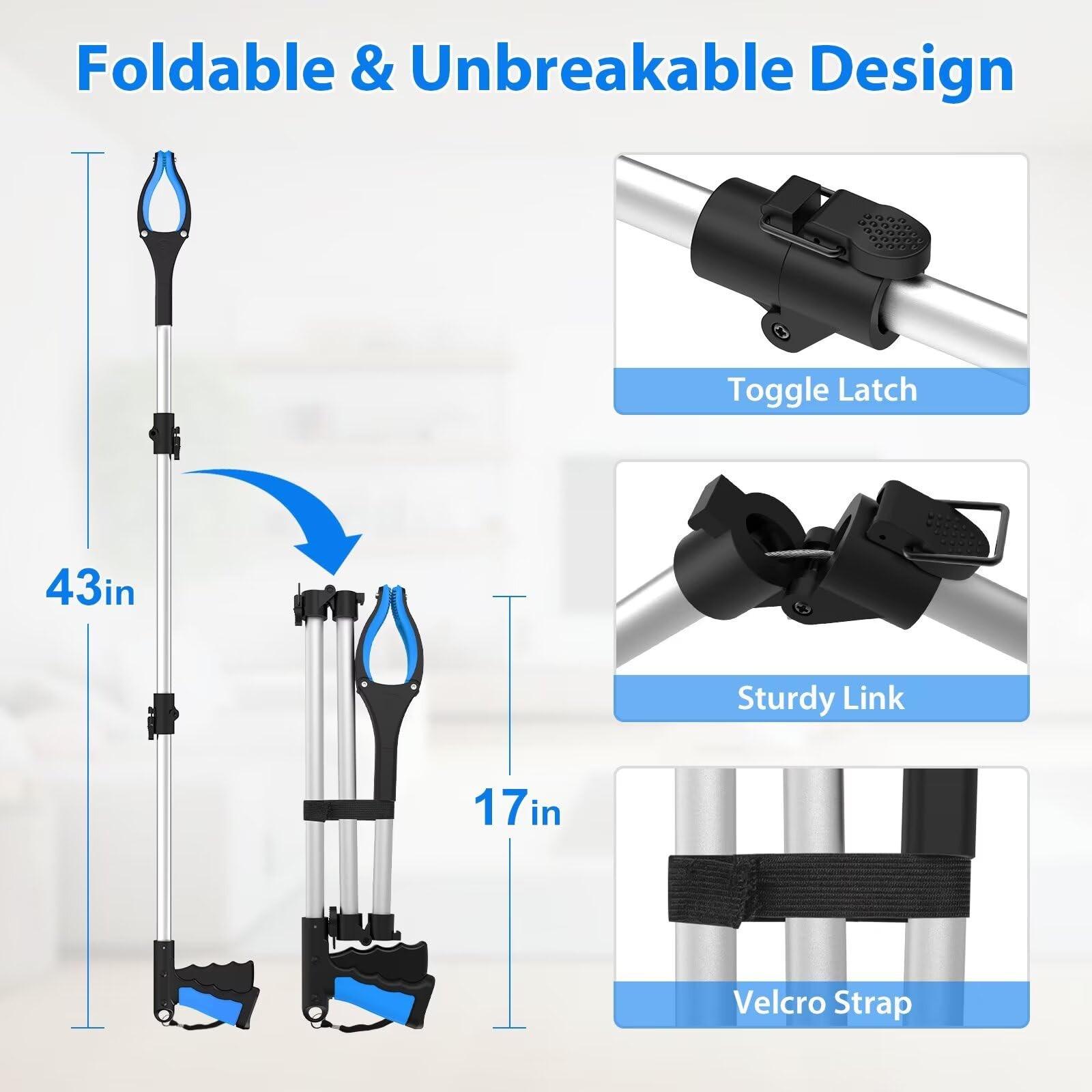 43″ Grabber Reacher Tool, Foldable Reacher Grabber Pickup Tool w/ 360° Rotating