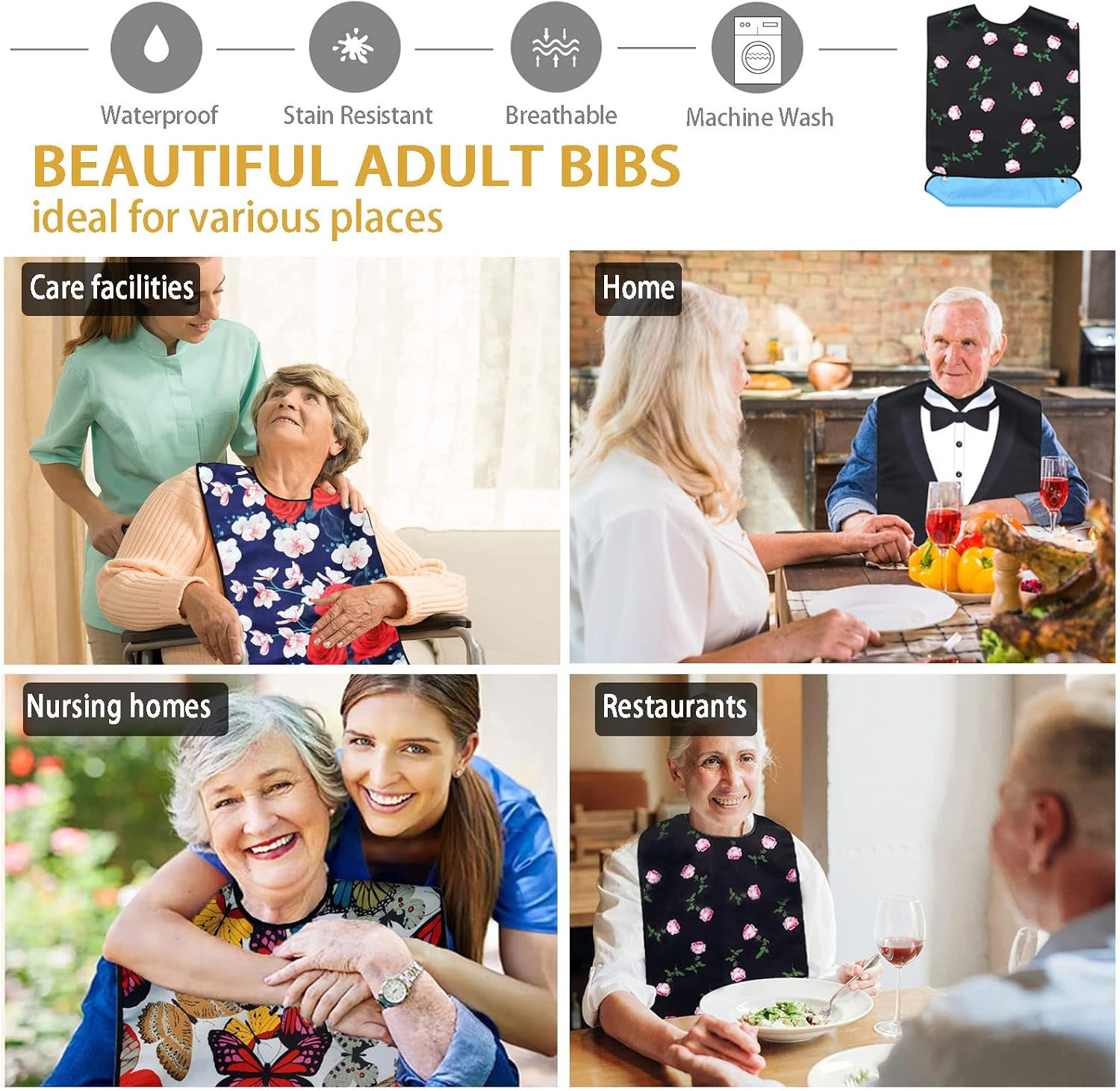 Waterproof Washable Adult Bibs for Elderly Women, Reusable Large Adult Bibs for