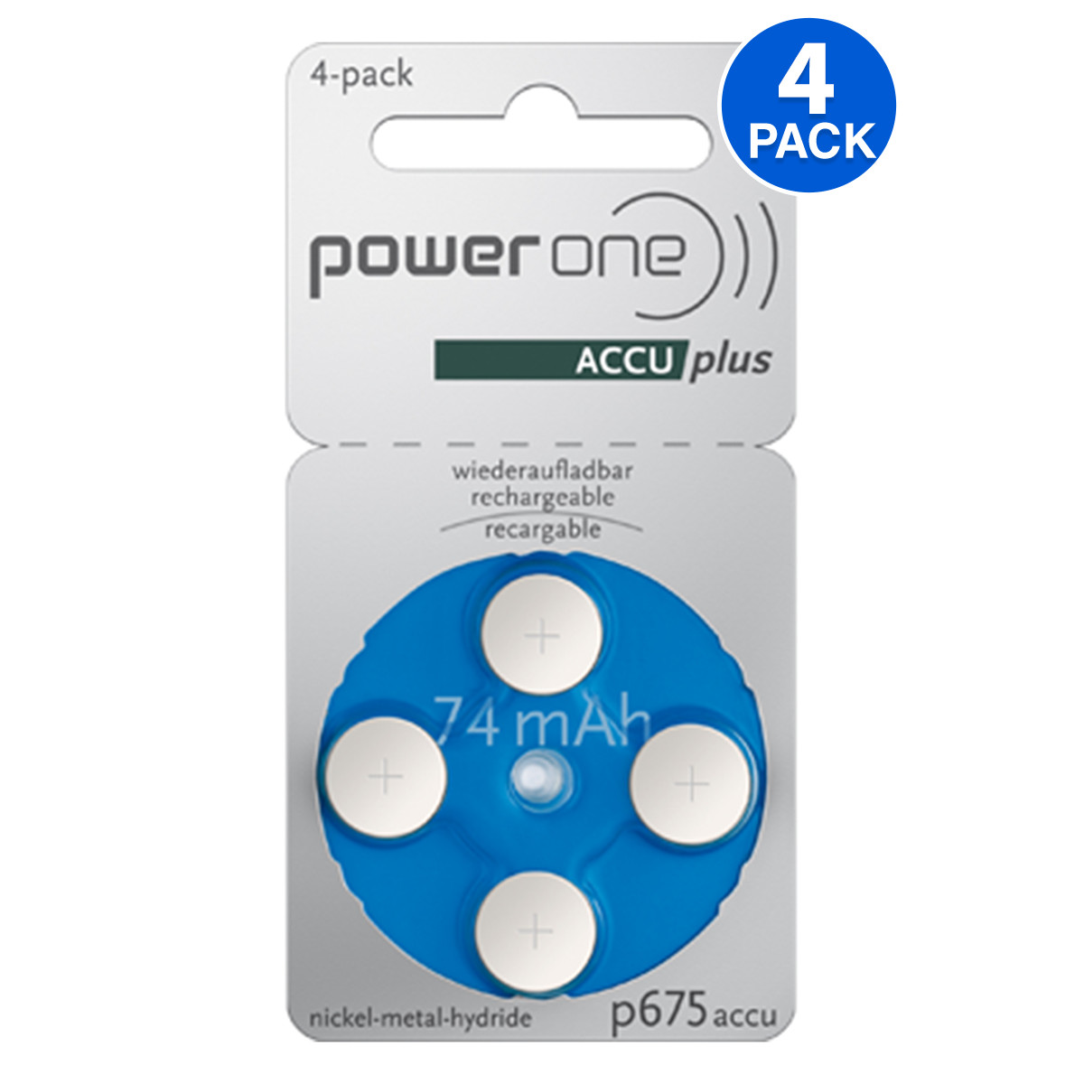 Power One ACCU Size 675 Rechargeable Hearing Aid Battery (4 Count) – EXP 03/2021