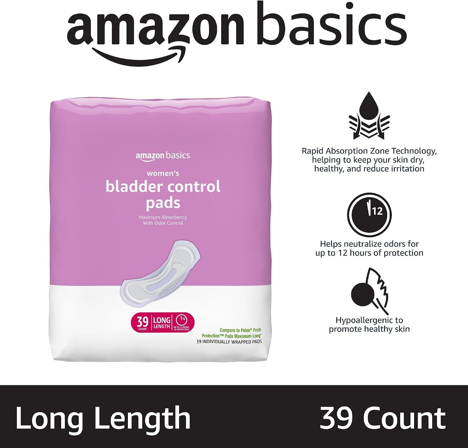 Maximum Absorbency Incontinence Pads for Women – 39 Count, Unscented Comfort
