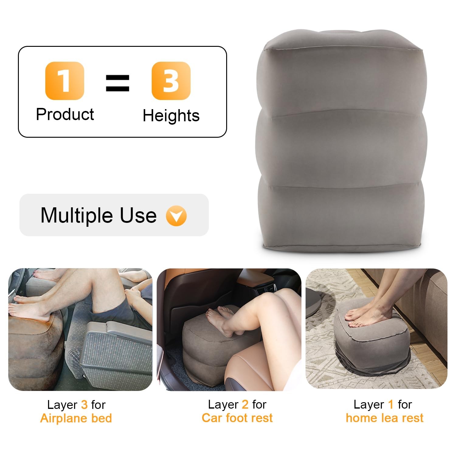 Inflatable Travel Foot Rest Pillow, Kids Airplane Bed, 1 Pack, Grey