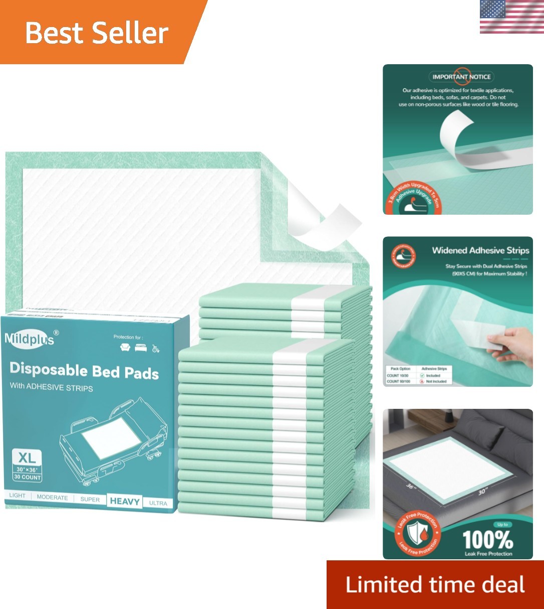 10 Pack Absorbent Adhesive Back Underpads 30’’X36’’ for Secure Protection