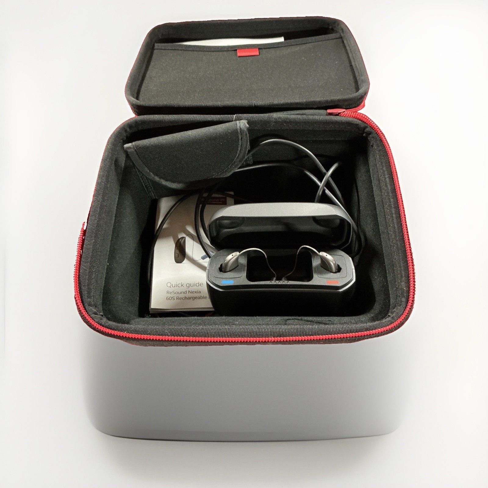 ReSound GN Hearing Aid Case w/ Charging Dock & Accessories Gray/Red Nexia 60S