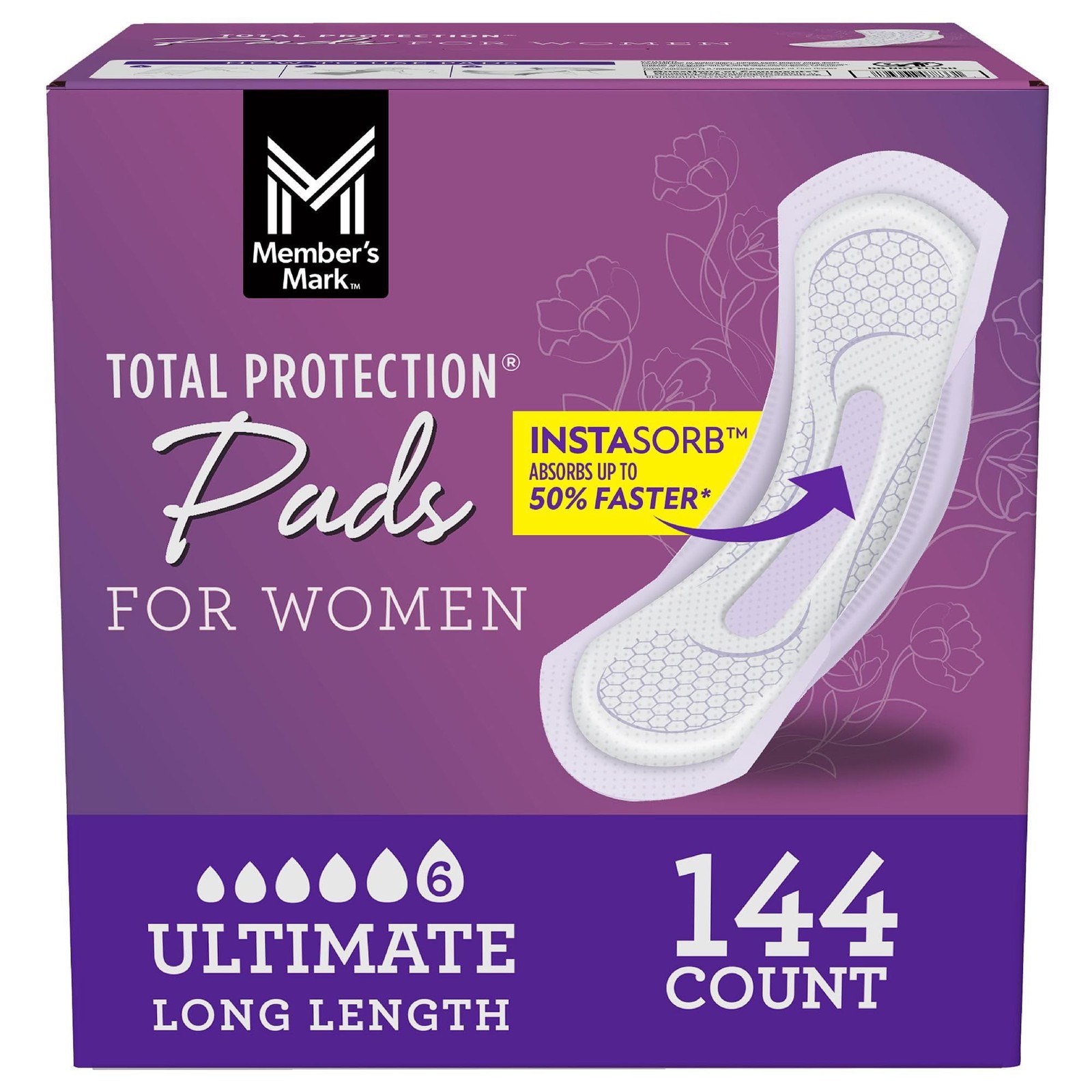Member’s Mark Total Protection Pads for Women, Ultimate Long, 6 Drop, 144 Count