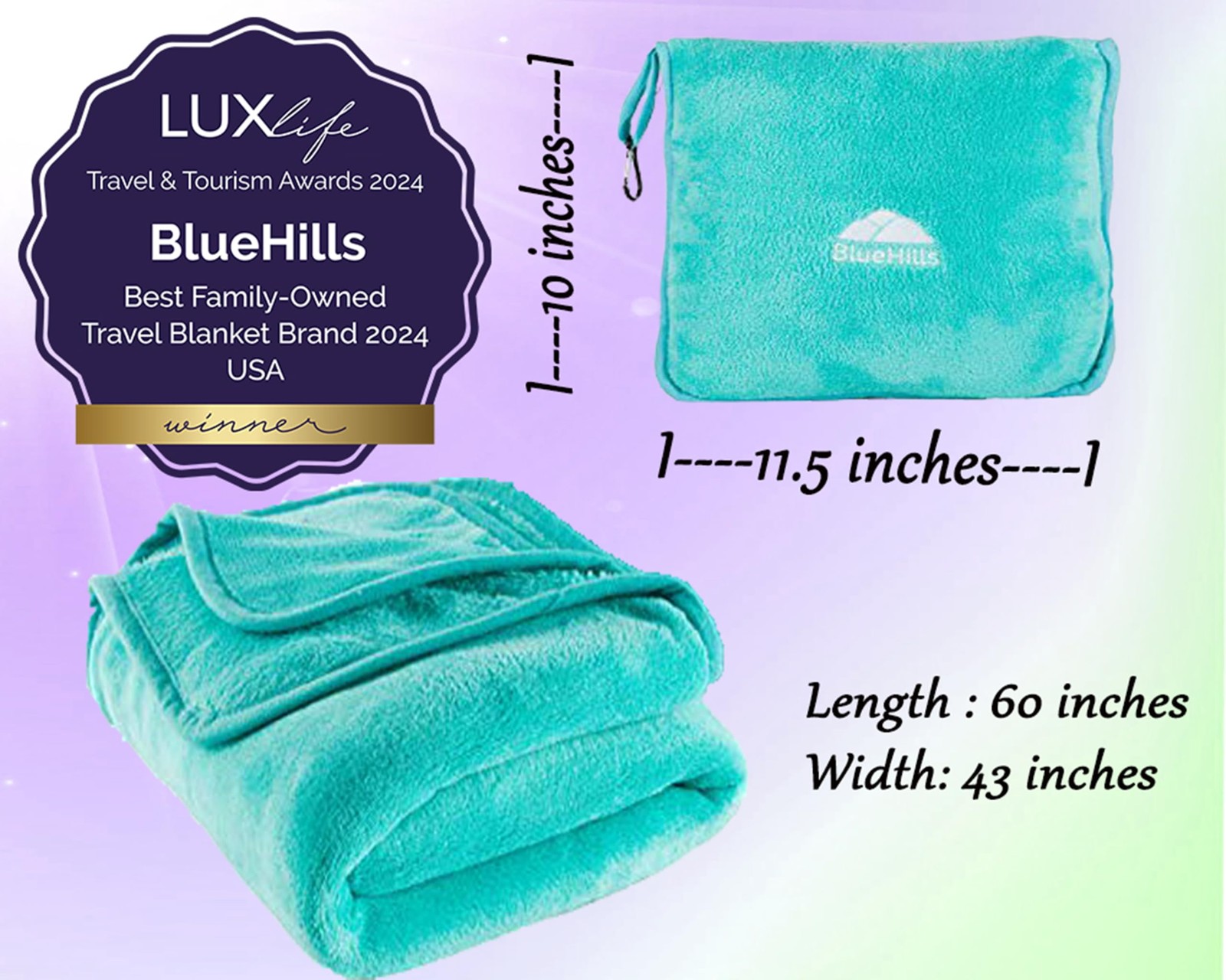 BlueHills Premium Soft Travel Blanket Pillow Airplane Travel, Teal-1pk-t006