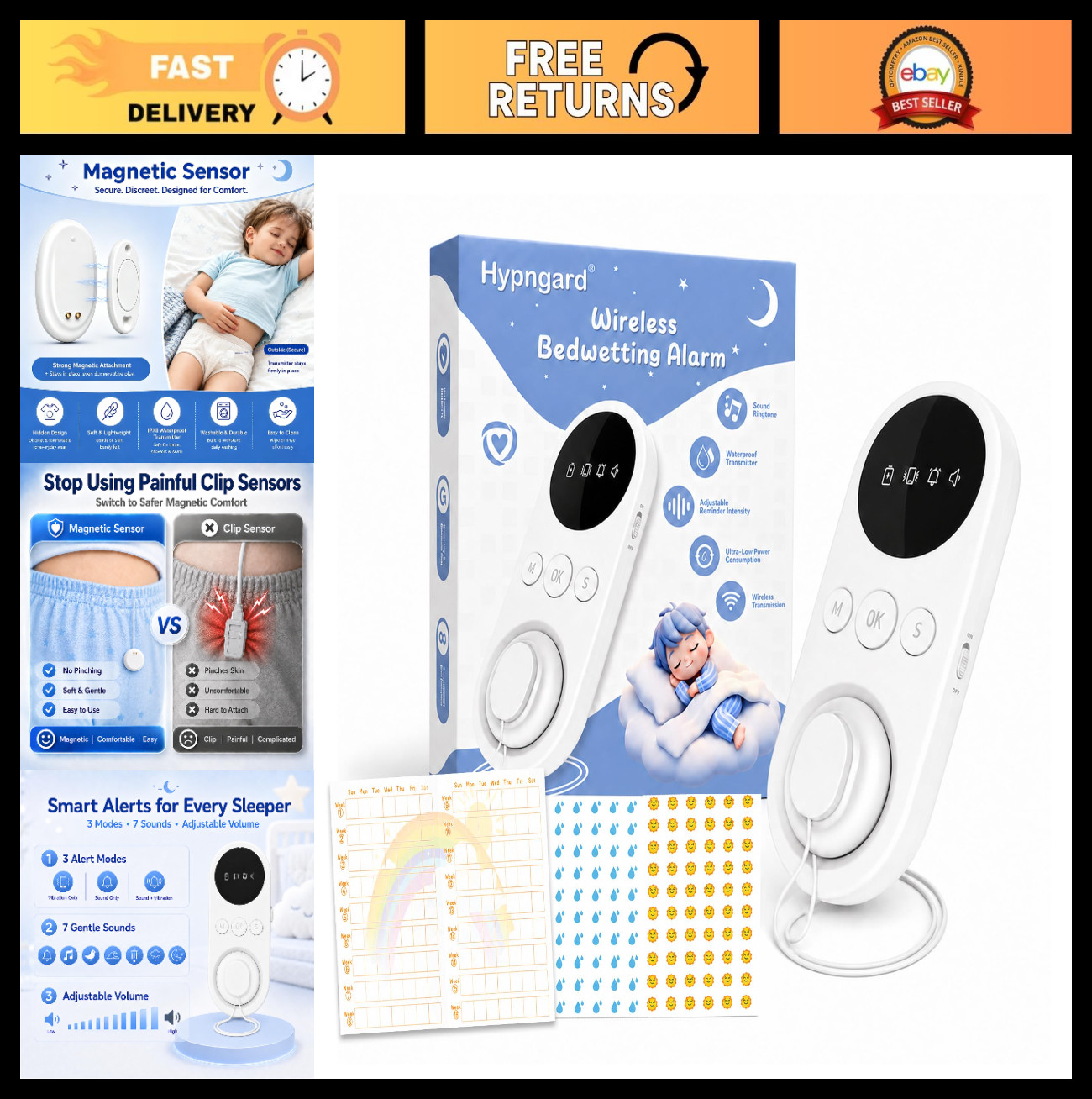 Rechargeable Wireless Bedwetting Alarm for Kids, Magnetic Receiver, 7 Ringtones,