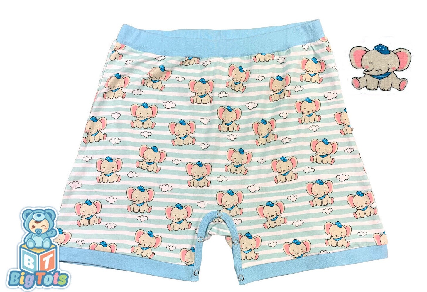 Adult snap crotch shorts Baby Elephants print