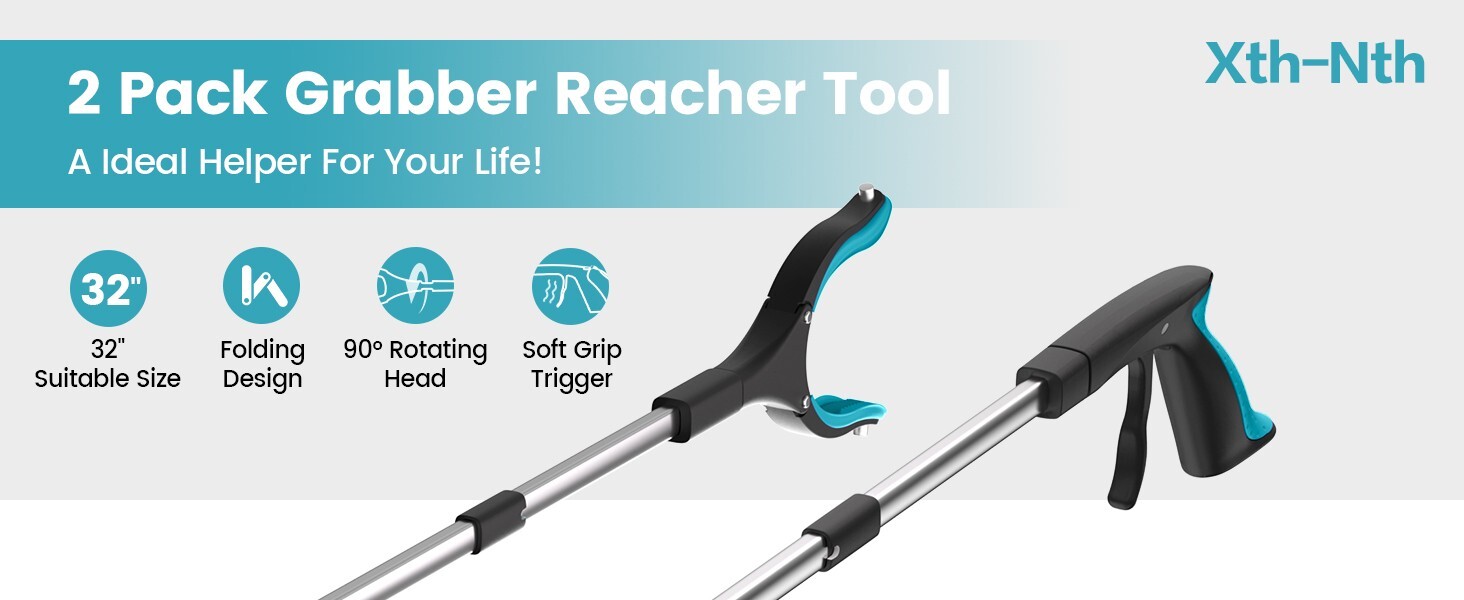 2-Pack Blue 32″ Foldable Grabber Tool, Rotating Claw, Magnetic Tip, Lightweight
