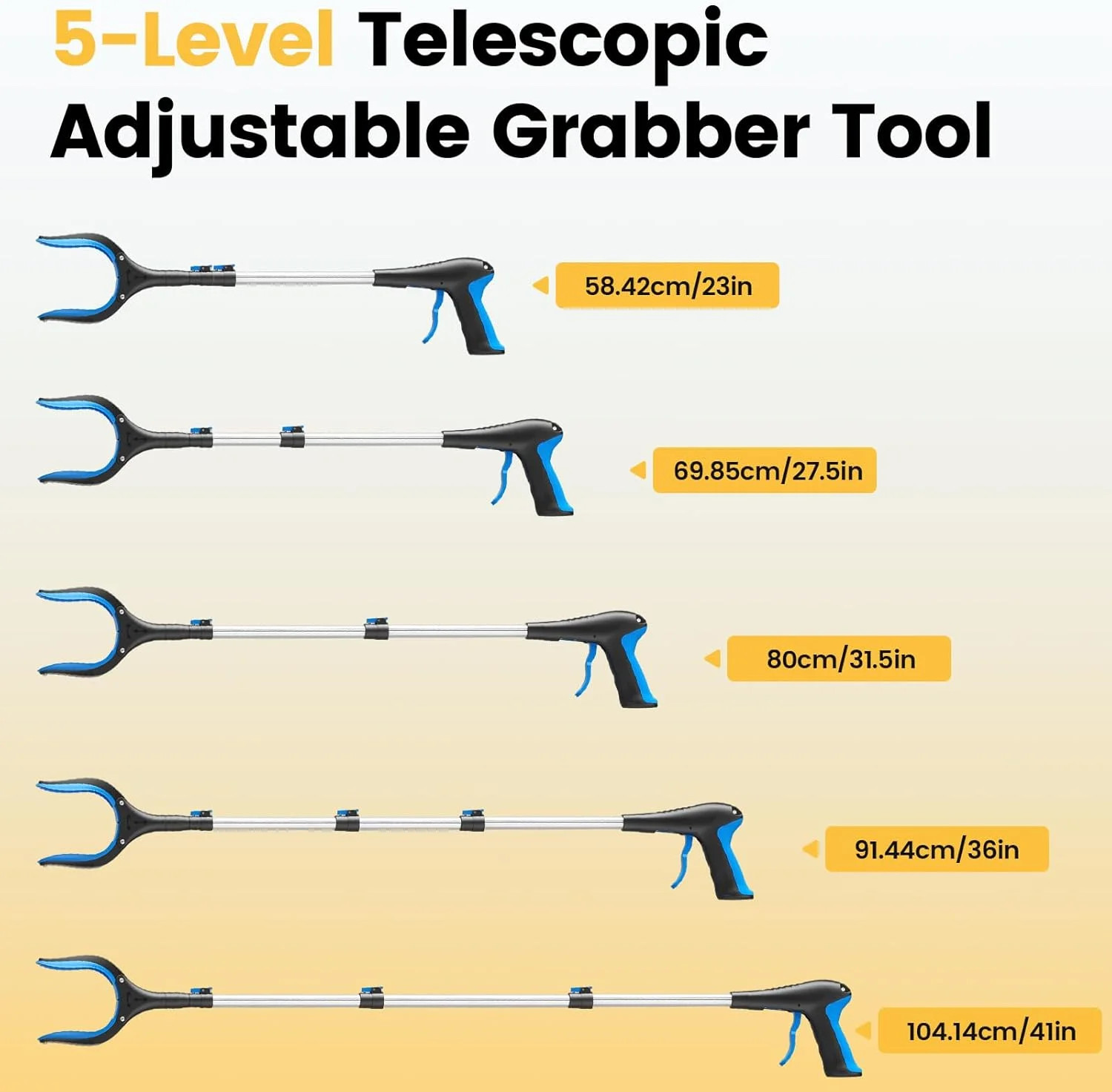 Telescopic Grabber Reacher Tool, 5-Level Adjustable Length (23” to 41”) – Tras