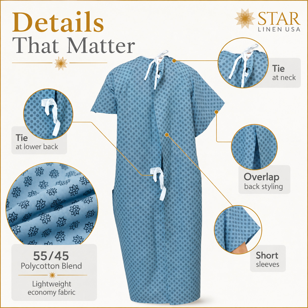 Petite Hospital Patient Medical Exam Gowns | Back Tie Closures Both Blue & White