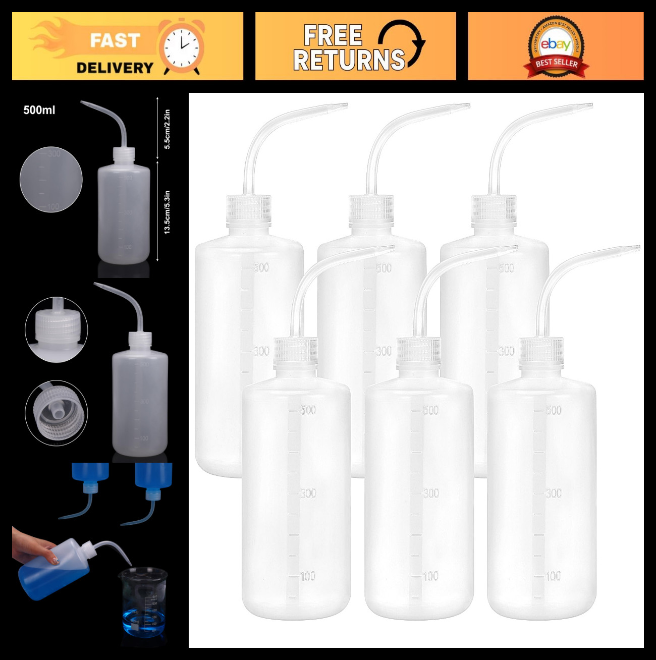 6pcs 500ml Plastic Wash Bottles – Lab Squeeze LDPE Squirt Tattoo Bottles, Narrow