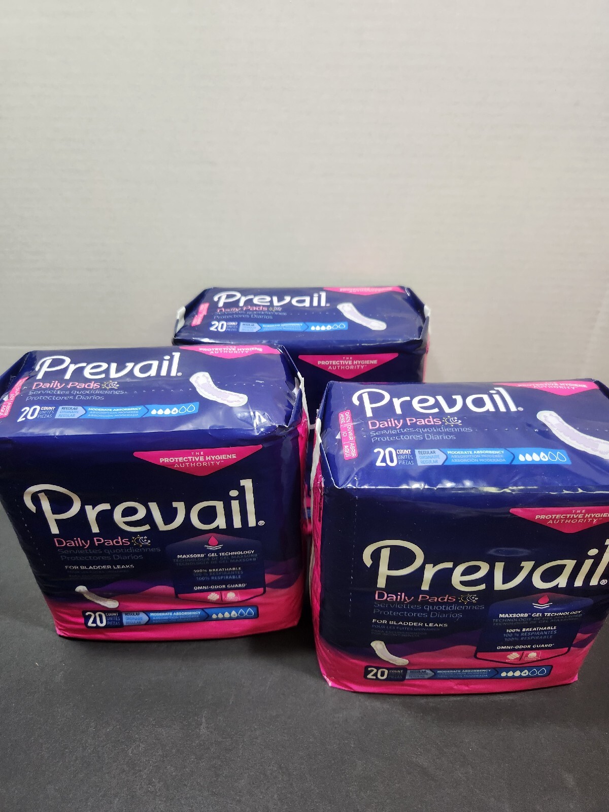 Lot of 3 Prevail Daily Incontinence Bladder Control Pads 20 Pack Moderate