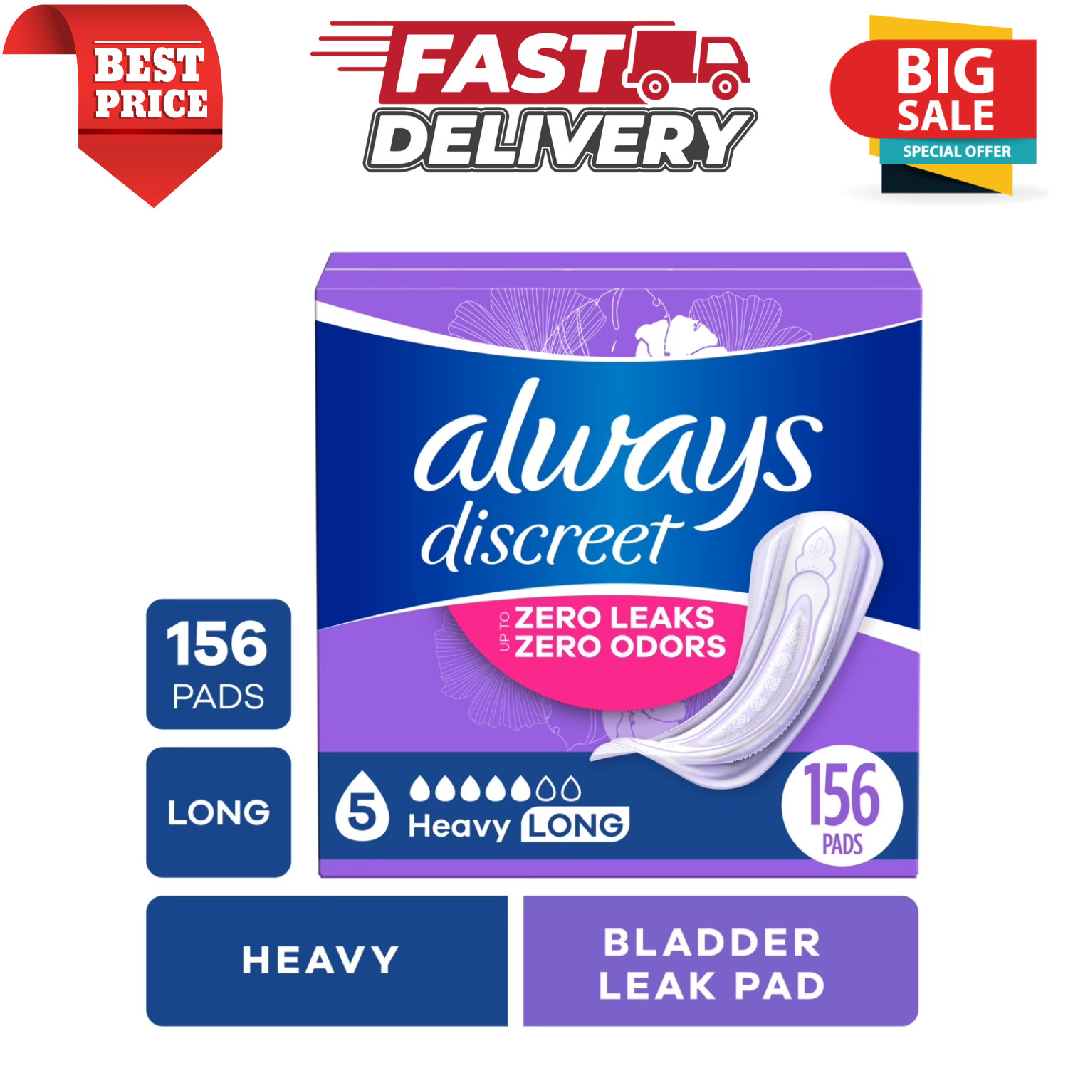 Always Discreet Pads Heavy Absorbency Long Length 156Ct Women