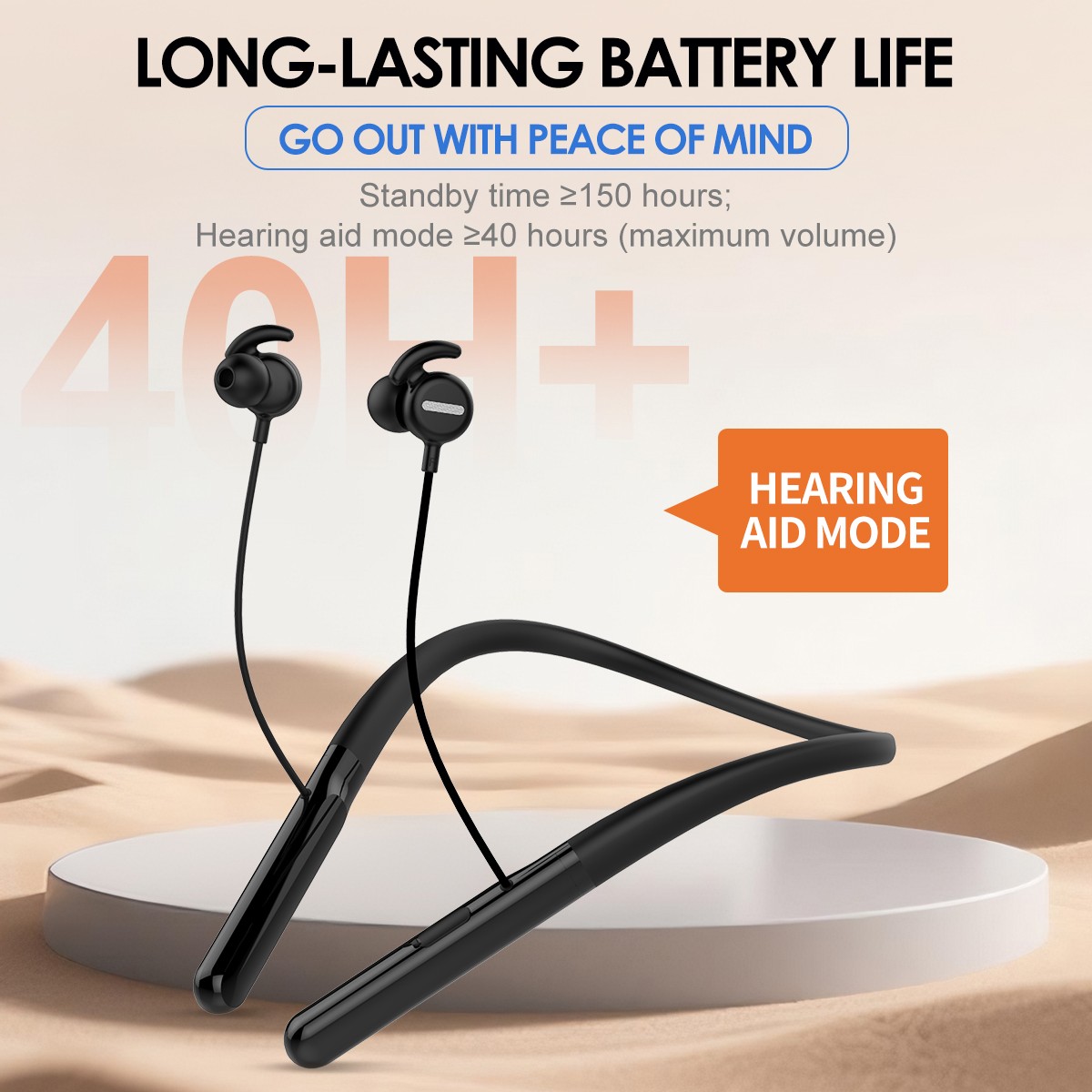 Neckband Hearing Amplifier with Bluetooth 2-in-1 for Seniors 8 Volume Levels 40H
