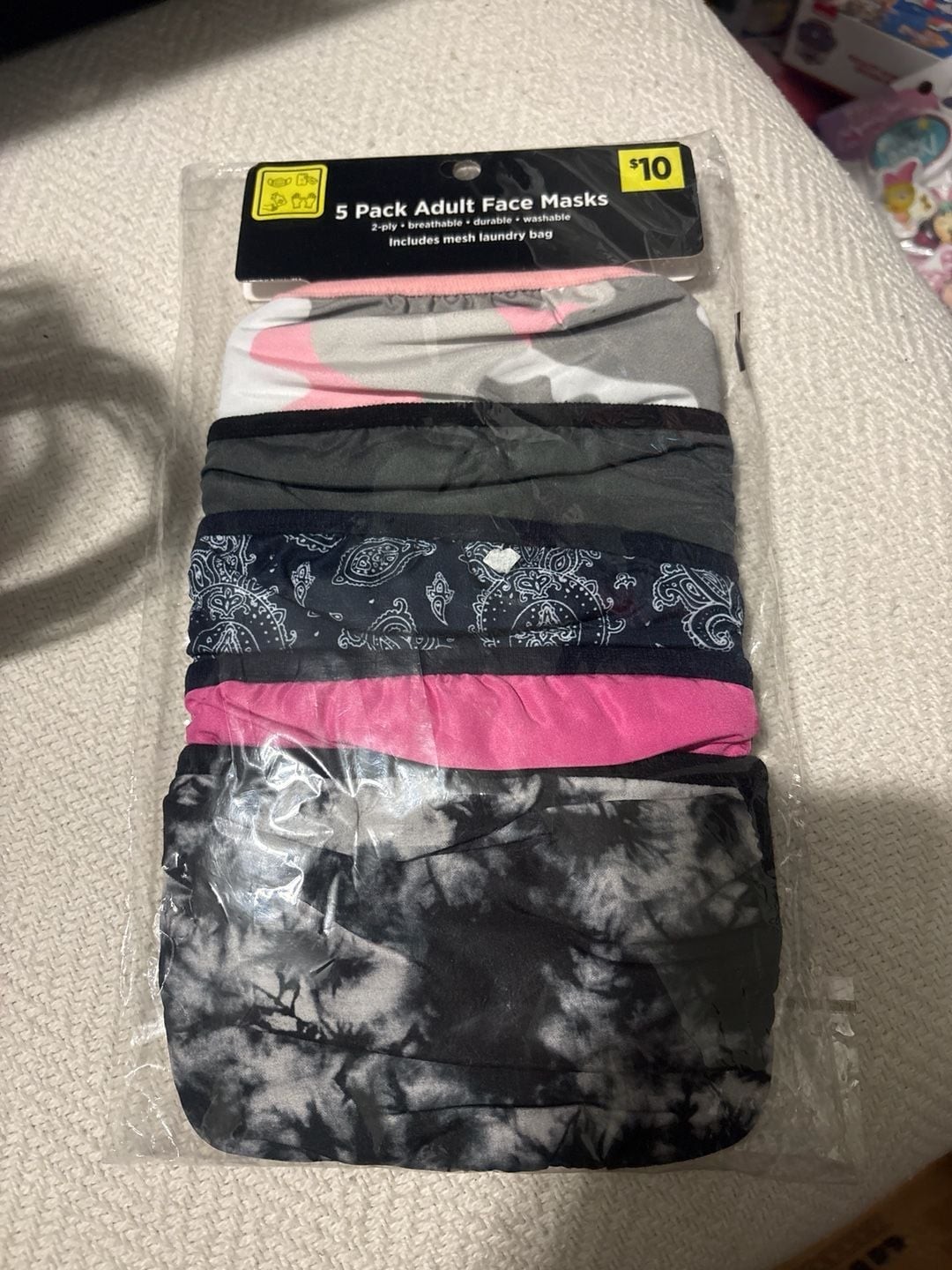 Dollar General 5 Pack Adult Face Masks 2-Ply with Mesh Laundry Bag