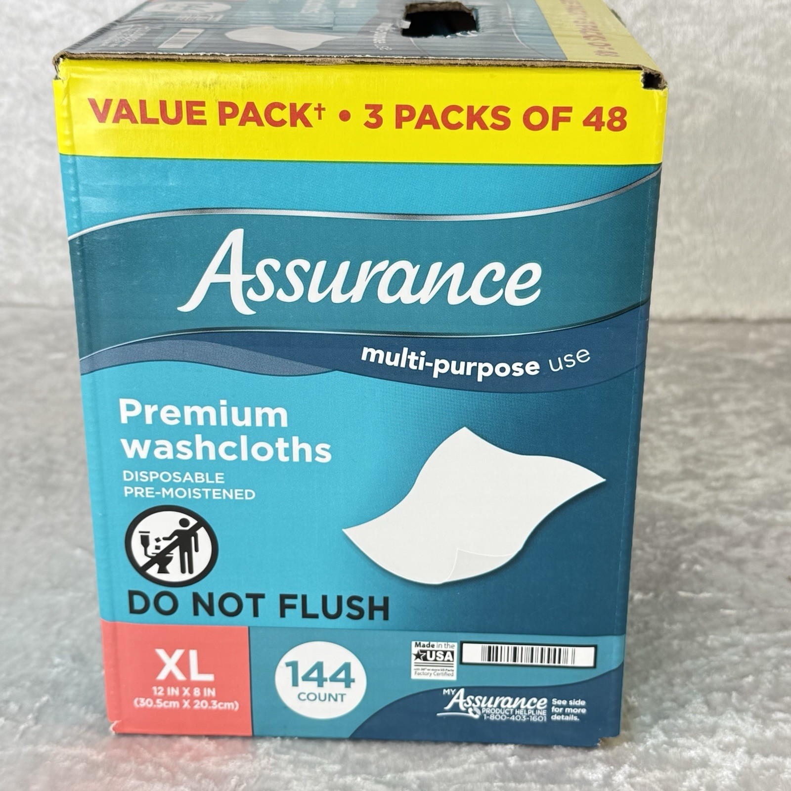 Assurance Premium Disposable Pre-Moistened XL Washcloths – 144 Count – New