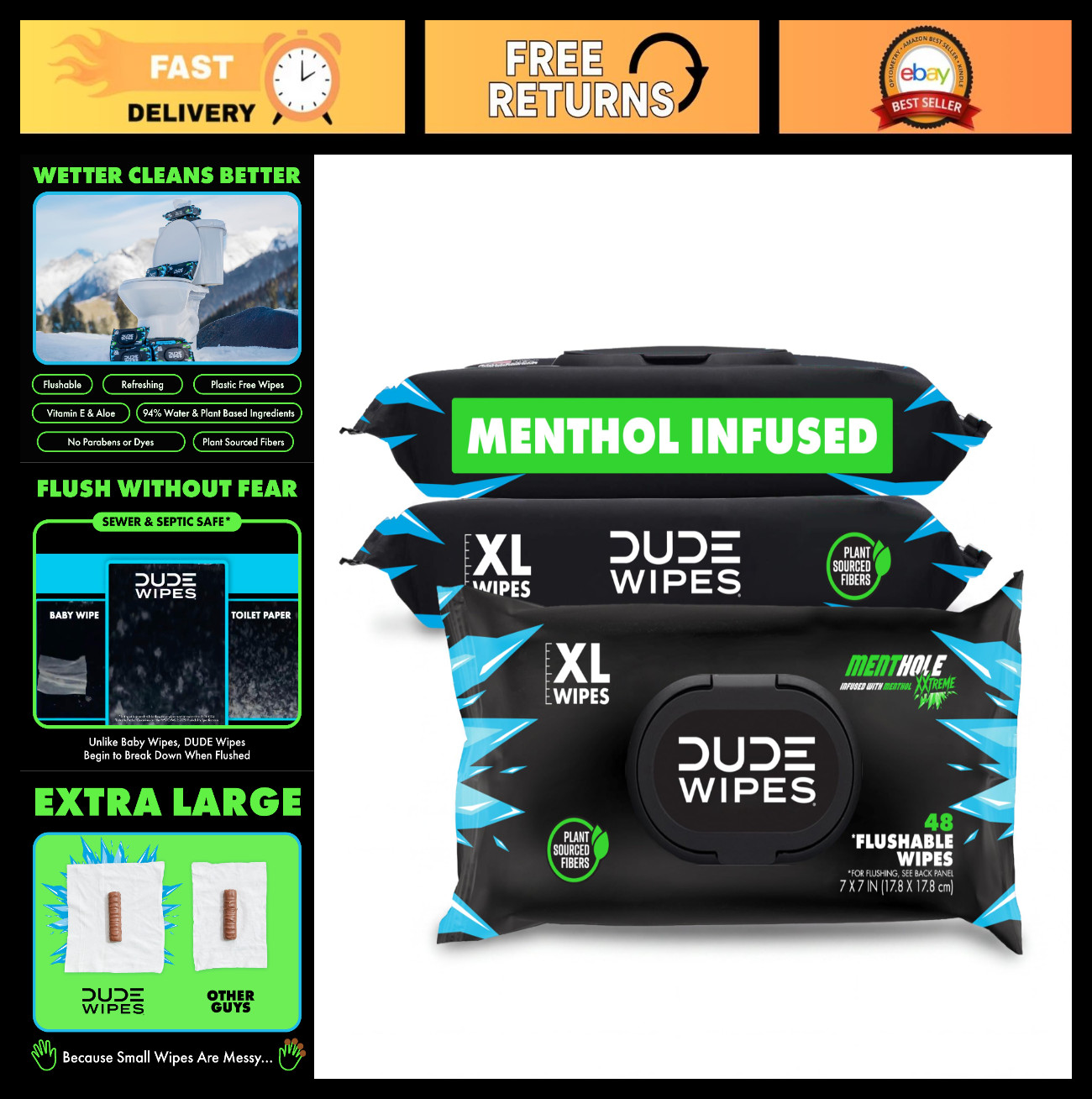 Extra-Large Menthol Flushable Wipes – 3 Pack (144 Count) – Cooling Adult Wet Wip