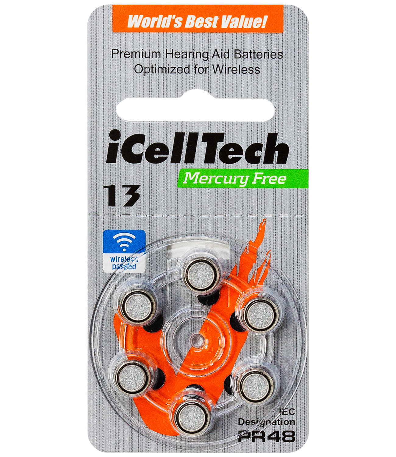 iCellTech Size 13 Zinc Air 1.45V Hearing Aid Batteries (6 Pack)