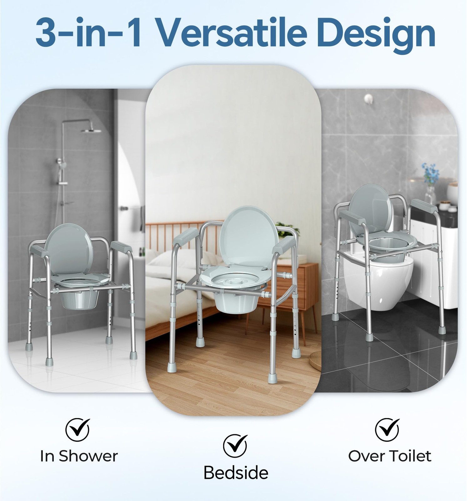 Homland 3-In-1 Bedside Commode Chair Sturdy Dual-Crossbar Support Construction