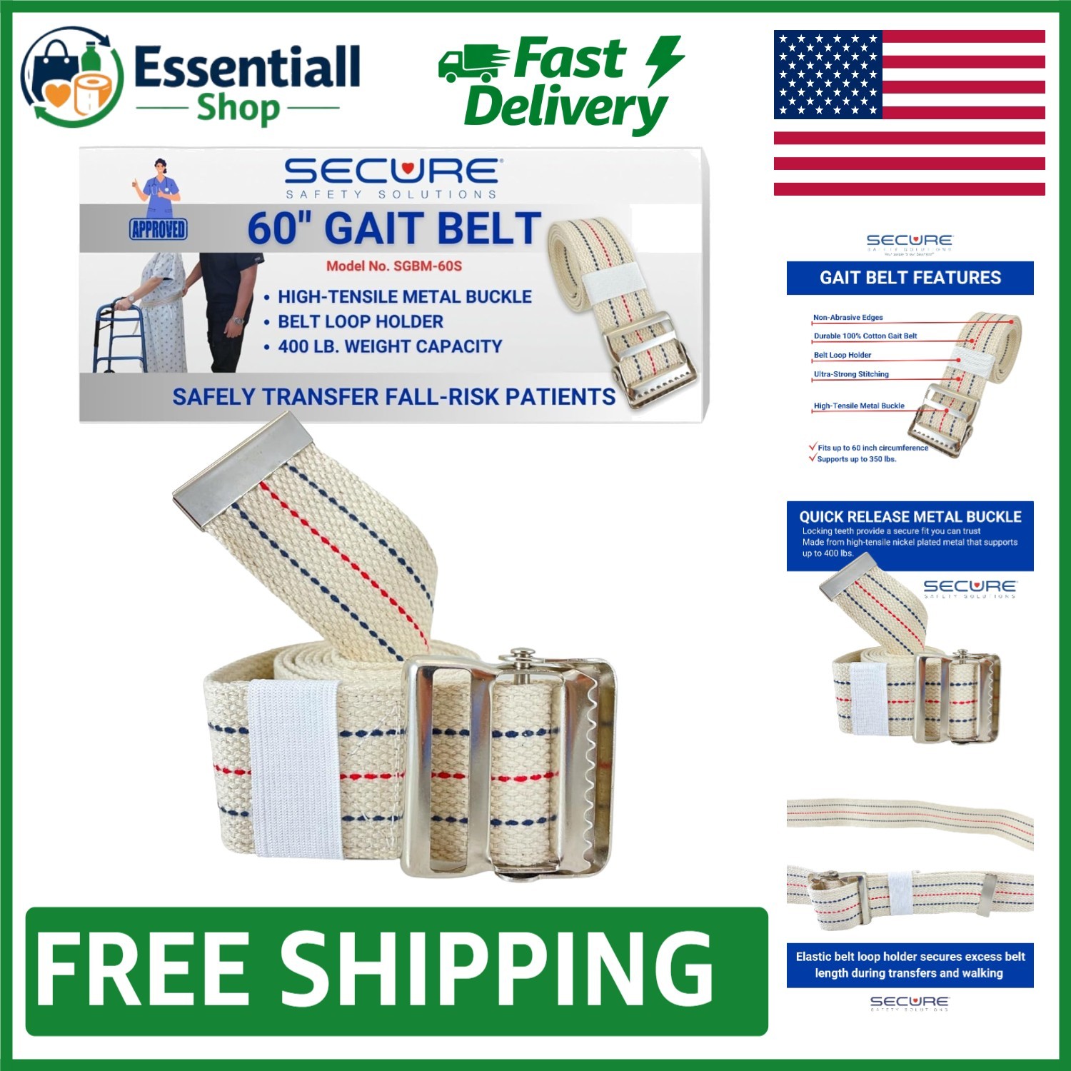 Professional Gait Belt for Seniors – 60″ Walking Aid with Heavy-Duty Buckle