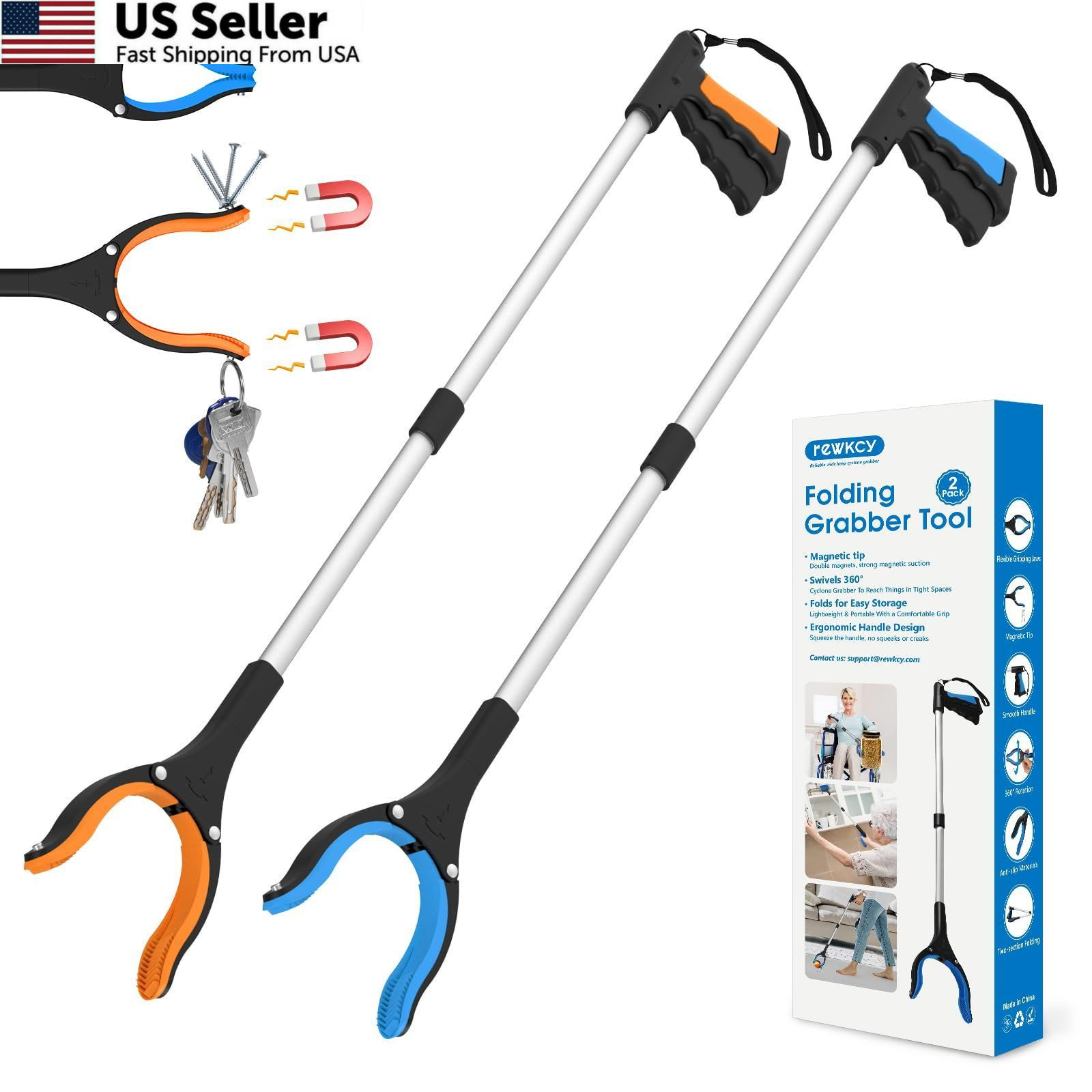 REWKCY 34″ Grabber Reacher Tool, 2-Pack Foldable 34-Inch, Blue&orange