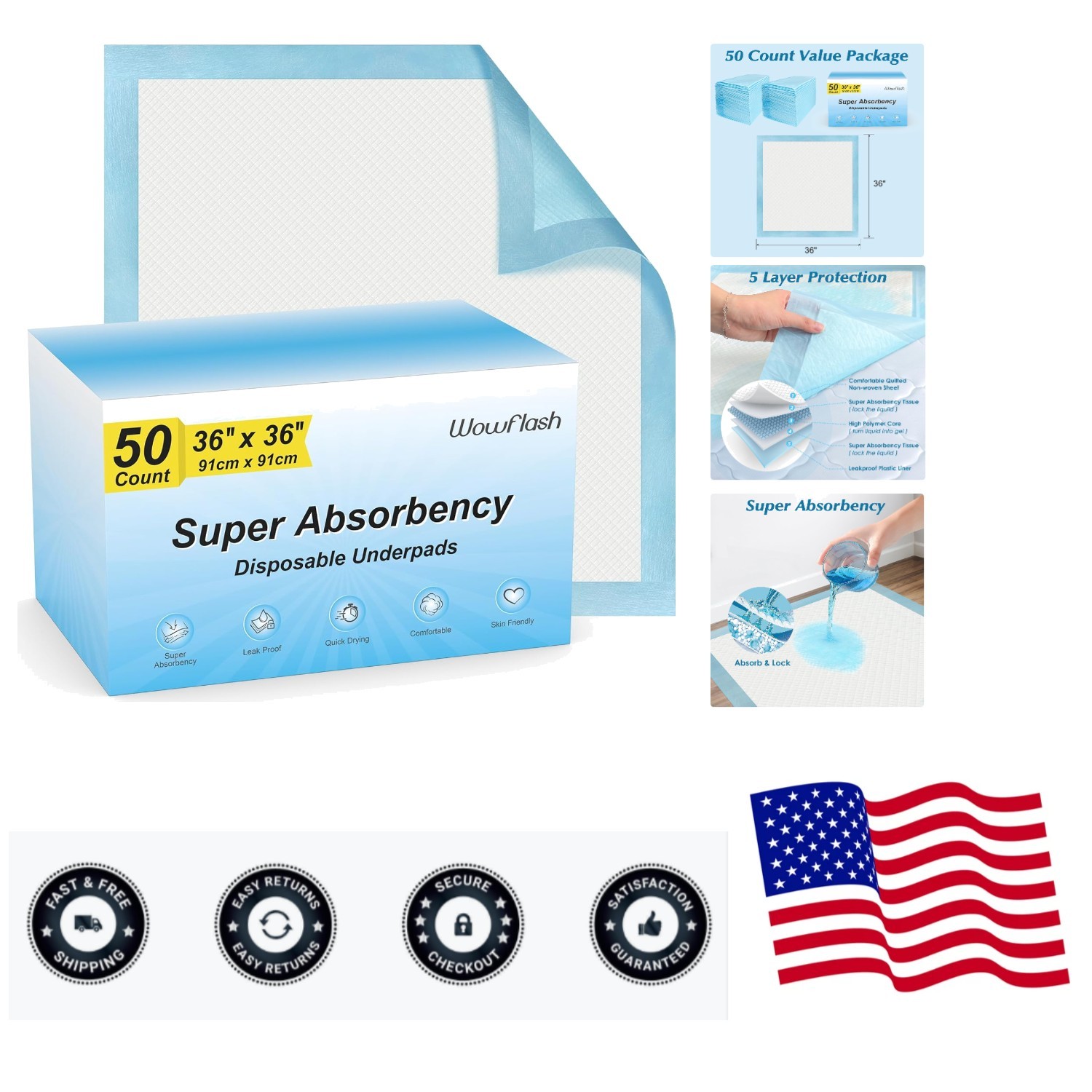 50 Count 36″ x 36″ Super Absorbency Disposable Underpads – Leakproof Quick Dr…