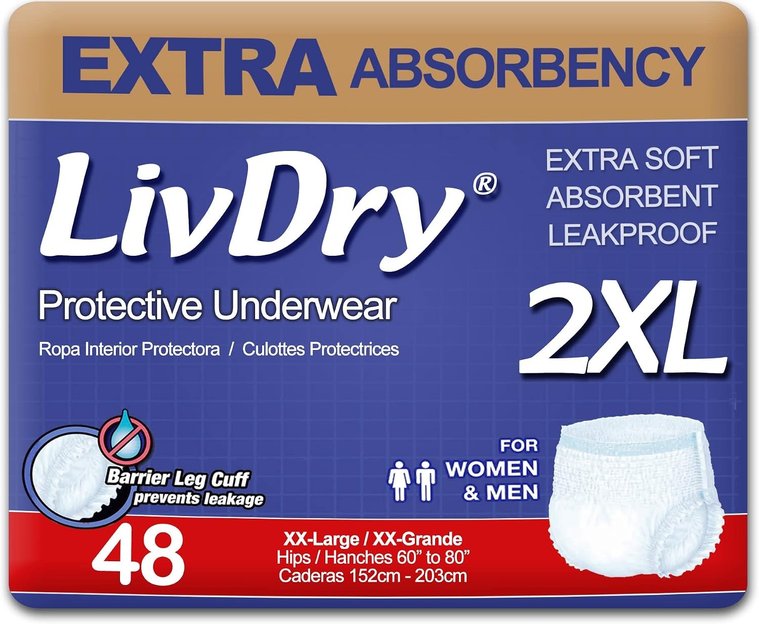 LivDry Adult XXL Incontinence Underwear 48-Pack Leak Protection