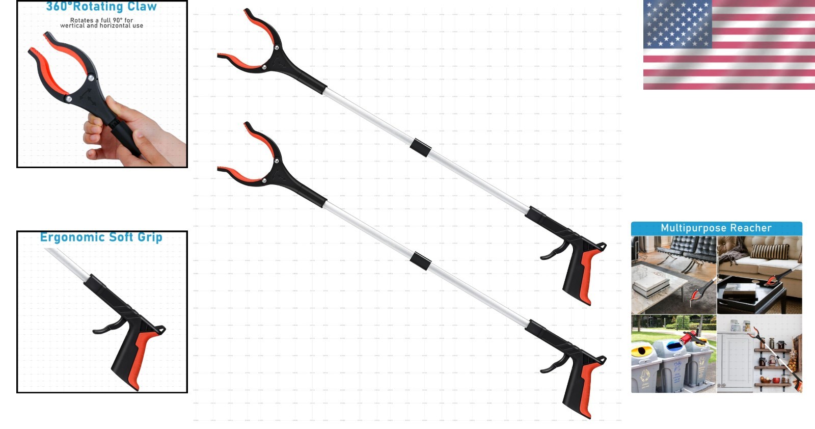 32″ Ergonomic Reacher Grabber Tool – Lightweight & Foldable, 2-Pack for Comfort