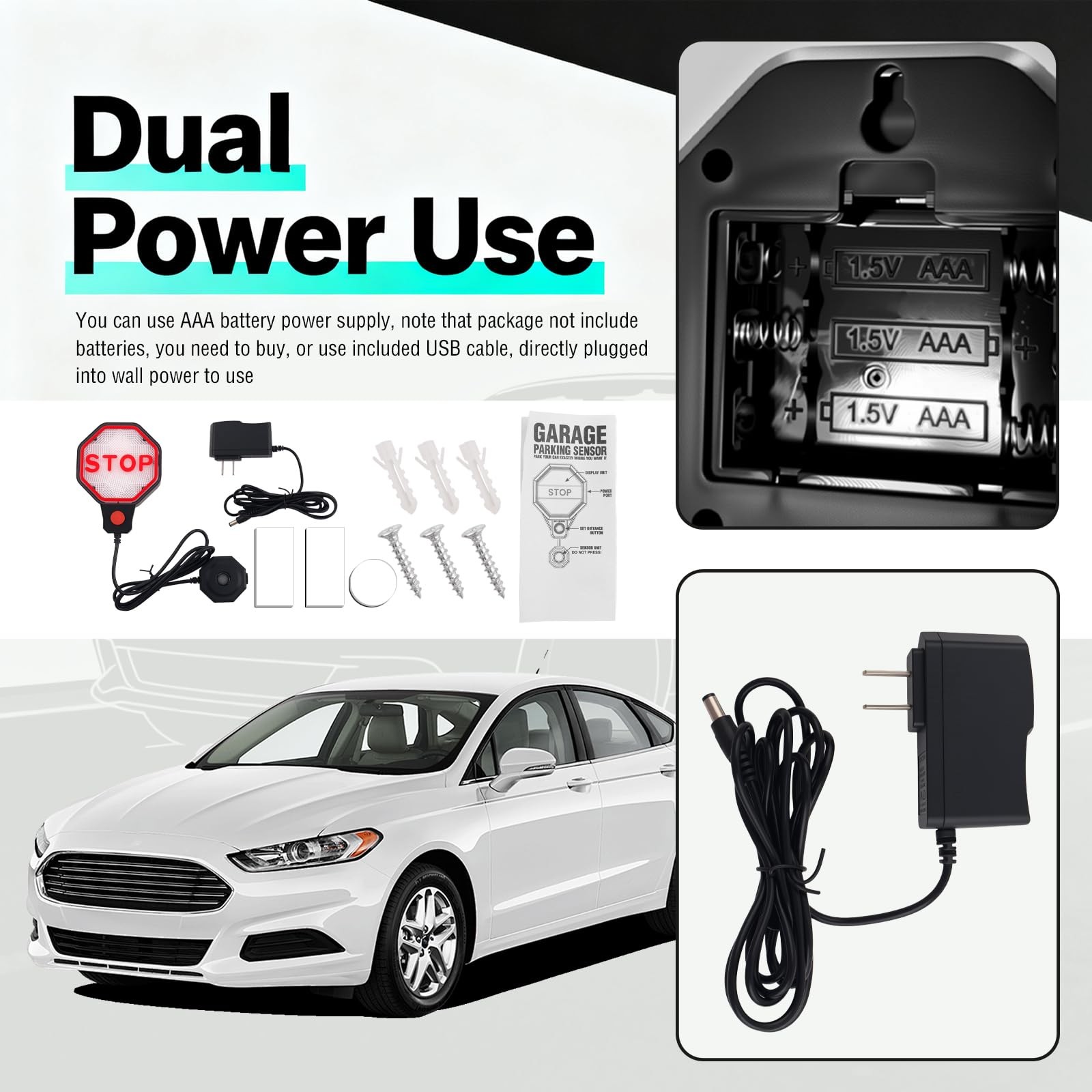 LED Garage Parking Aid Adjustable,Dual Power Garage Parking Sensor with LED Red/