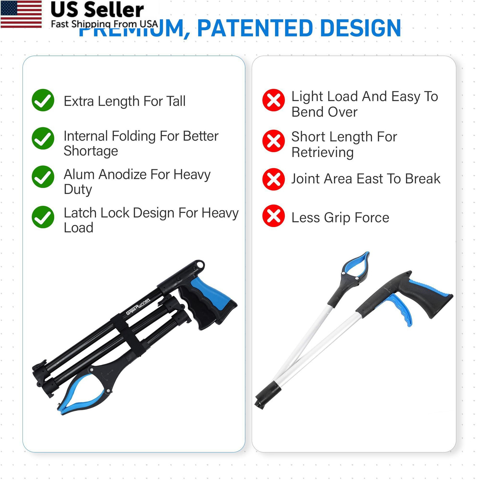 GrabRunner 38 Inch & 44 Extra Long Grabber Reacher Tool Long, Blue