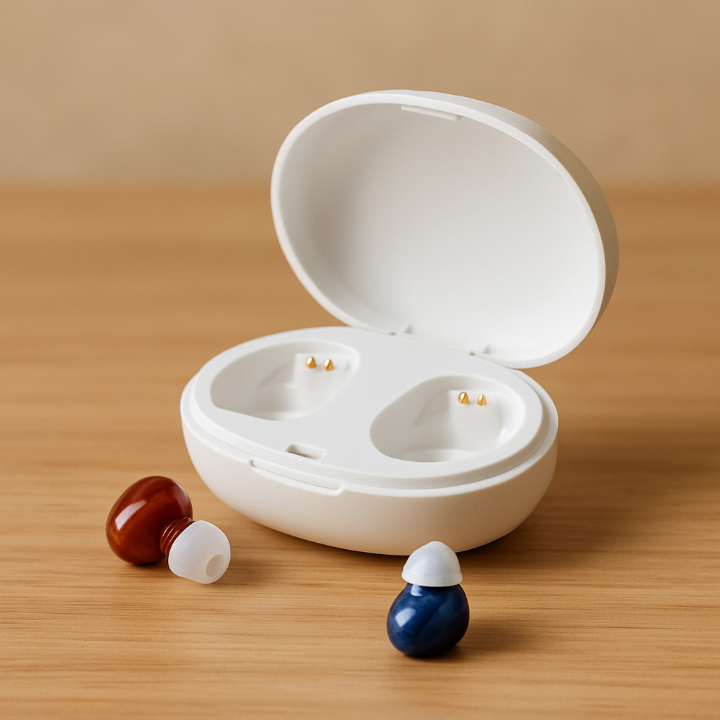 Hearing Amplifier Blue + Red ITE OTC Mini Pair Noise Reduction Charging Case