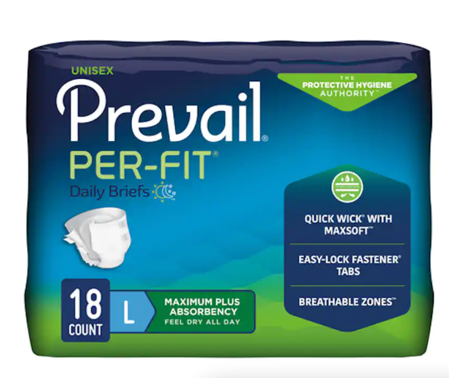 Prevail Per Fit Daily Briefs L 18 Count Unisex Adult Diapers Max Absorbency Tabs