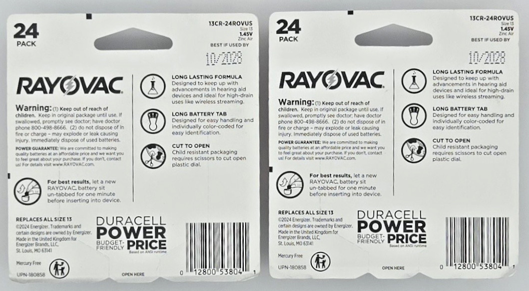 48 Rayovac Hearing Aid Batteries Size 13 New~Sealed Two 24 Packs Best By 10/2028