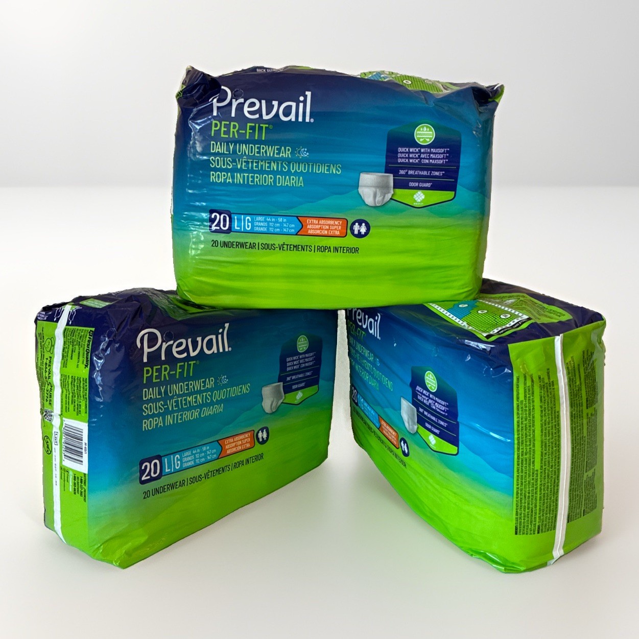 Prevail Per-Fit Daily Underwear Large Lot of 3 Packs 60ct Size L New Sealed