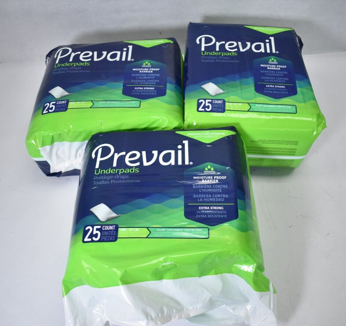Lot of 3 Prevail Total Care Disposable Underpads 25/Pack Large Size 23″ x 36″