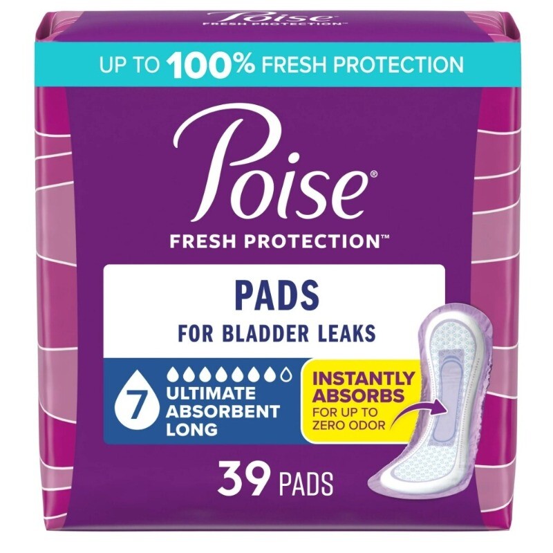 Poise Incontinence Pads for Women, 7 Drop Ultra Absorbency, Long Length, 39 Ct