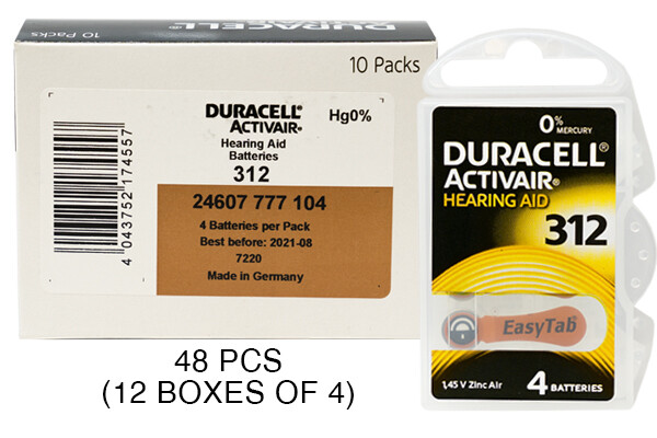 48-Pack Size 312 Duracell Activair (DA312) Easy Tab Hearing Aid Batteries