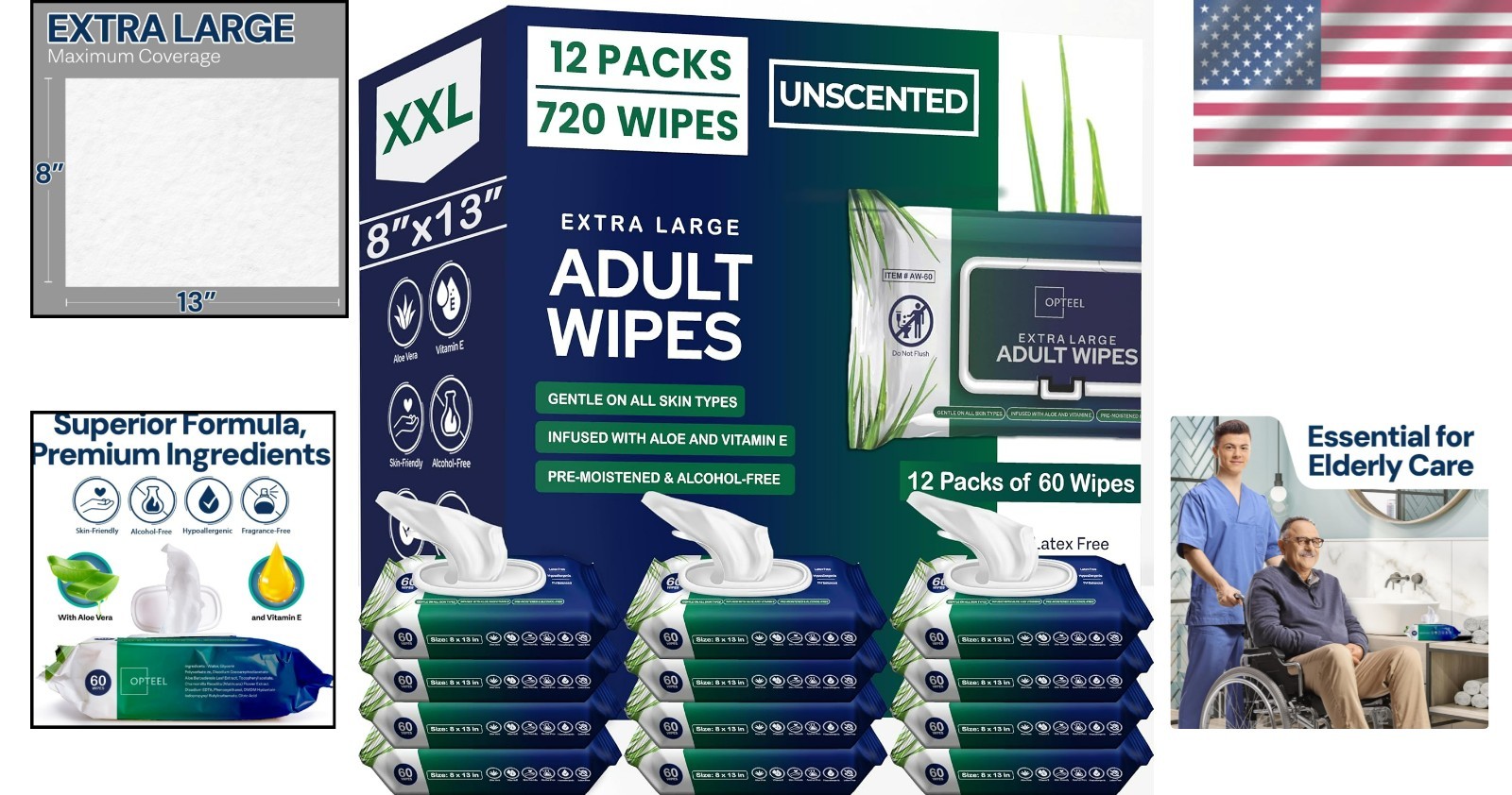 Extra Large Adult Wipes – 8×13 for Seniors, Infused with Aloe & Vitamin E, 720ct