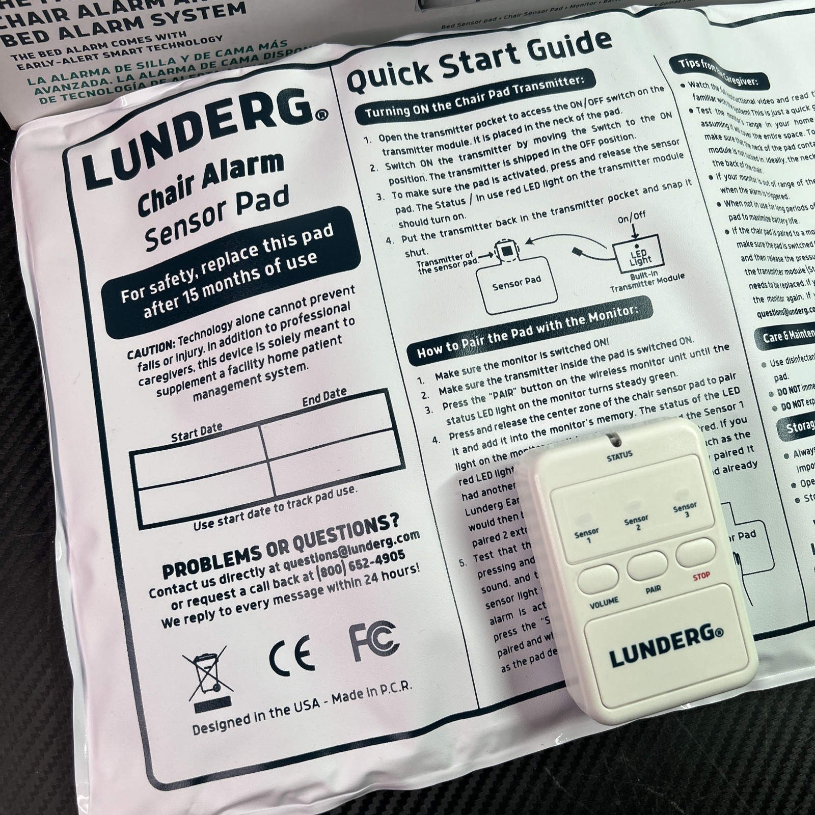 Lunderg Chair Alarm System With Wireless Sensor Pad & Monitor Tested