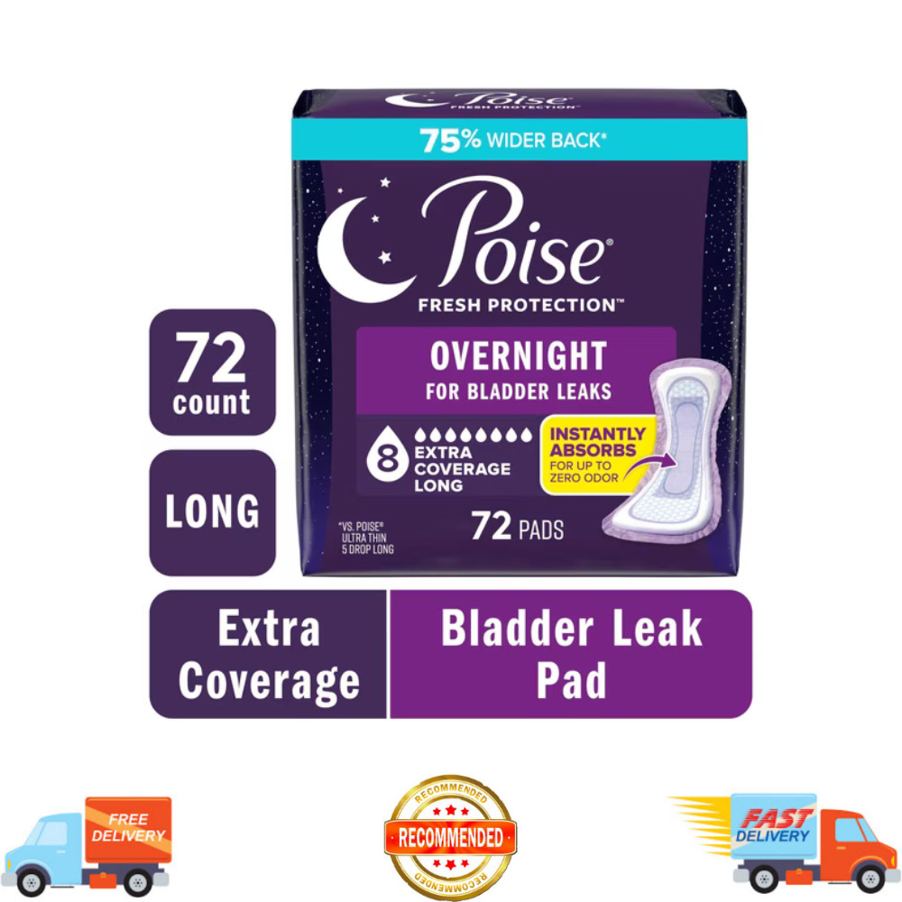 Poise Overnight Incontinence Pads for Women, 8 Drop Extra Coverage, 72 Count